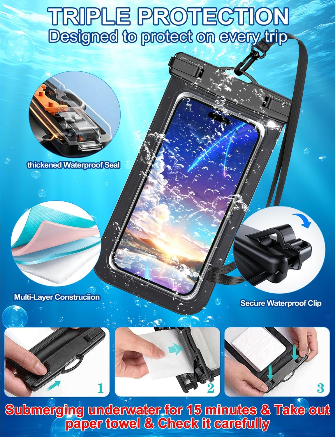 5 Pack Multicolor Waterproof Phone Pouch, Cell Phone Case Dry Bag,Protection Level: IP68,Beach Cruise for iPhone,Samsung,and More,Lanyard Included,(Fits Up to 8.3"),White,Blue,Red,Purple,Yellow