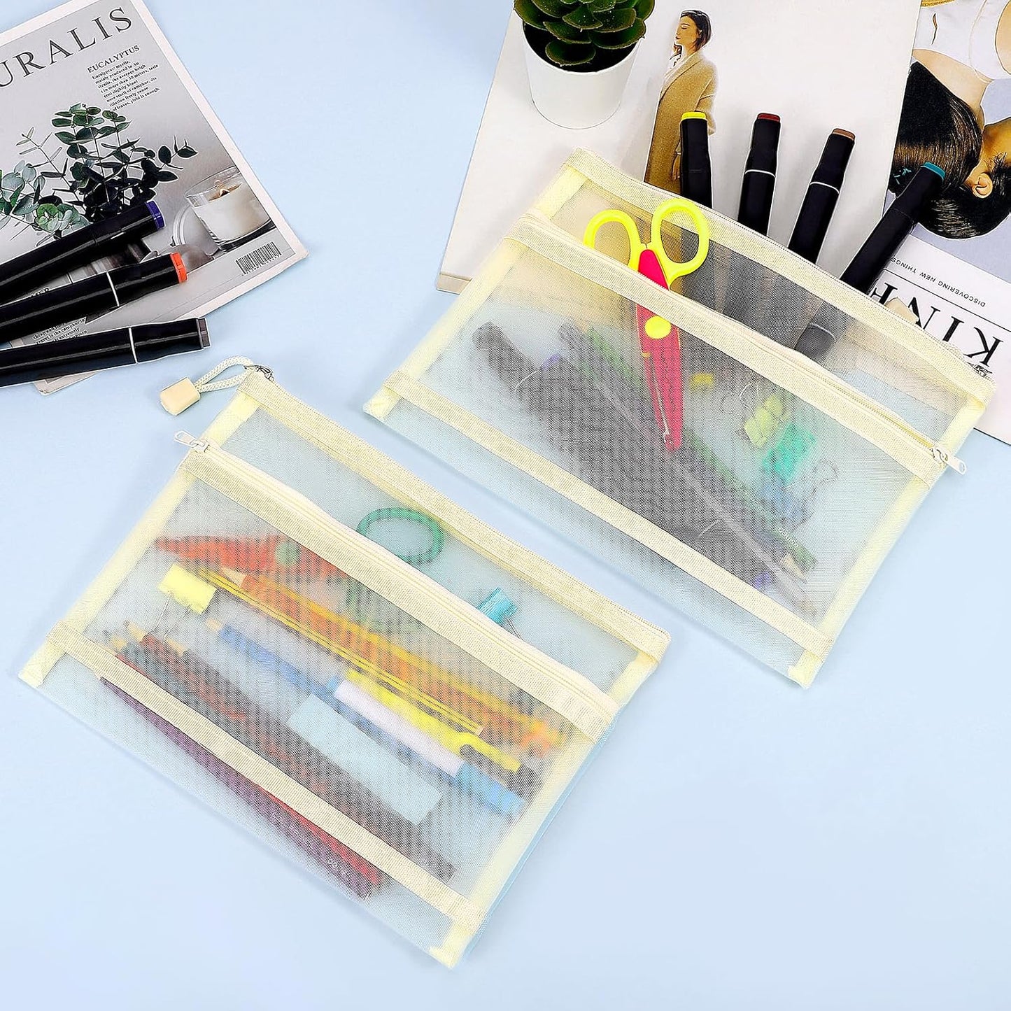 12 Pieces Zipper Nylon Mesh Pouch, Mesh Cosmetic Bags Makeup Bags Pencil Case, Multipurpose Travel Bags for Cosmetic School Office Supplies and Travel Accessories (Yellow, A5)