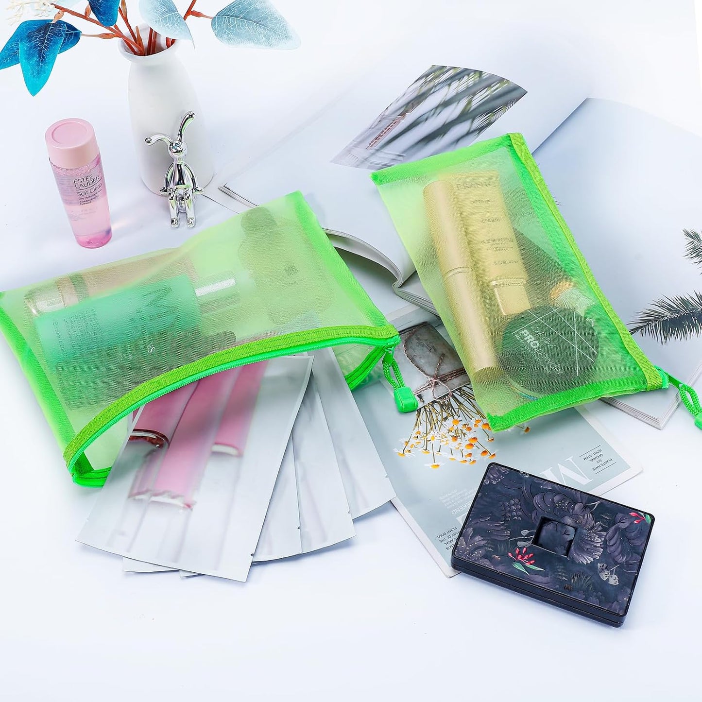 12 Pieces Zipper Nylon Mesh Pouch, Mesh Cosmetic Bags Makeup Bags Pencil Case, Multipurpose Travel Bags for Cosmetic School Office Supplies and Travel Accessories (Yellow, A5)