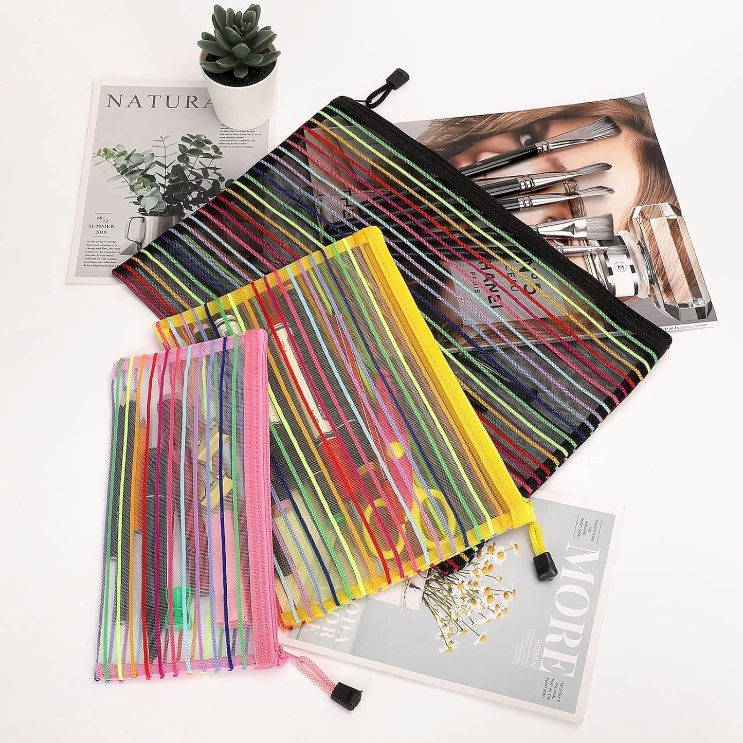 12 Pieces Zipper Nylon Mesh Pouch, Mesh Cosmetic Bags Makeup Bags Pencil Case, Multipurpose Travel Bags for Cosmetic School Office Supplies and Travel Accessories (Yellow, A5)