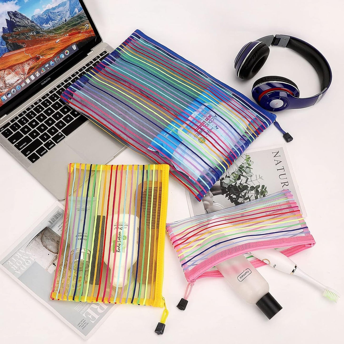 12 Pieces Zipper Nylon Mesh Pouch, Mesh Cosmetic Bags Makeup Bags Pencil Case, Multipurpose Travel Bags for Cosmetic School Office Supplies and Travel Accessories (Yellow, A5)