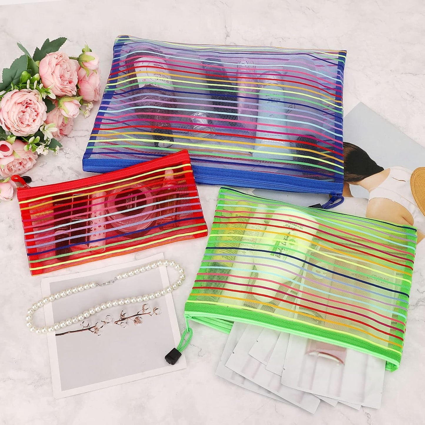 12 Pieces Zipper Nylon Mesh Pouch, Mesh Cosmetic Bags Makeup Bags Pencil Case, Multipurpose Travel Bags for Cosmetic School Office Supplies and Travel Accessories (Yellow, A5)