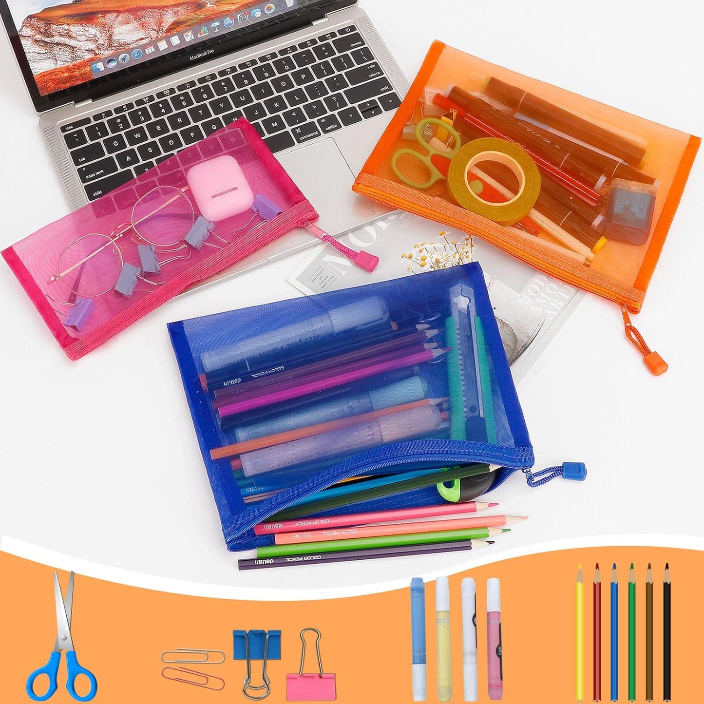 12 Pieces Zipper Nylon Mesh Pouch, Mesh Cosmetic Bags Makeup Bags Pencil Case, Multipurpose Travel Bags for Cosmetic School Office Supplies and Travel Accessories (Yellow, A5)
