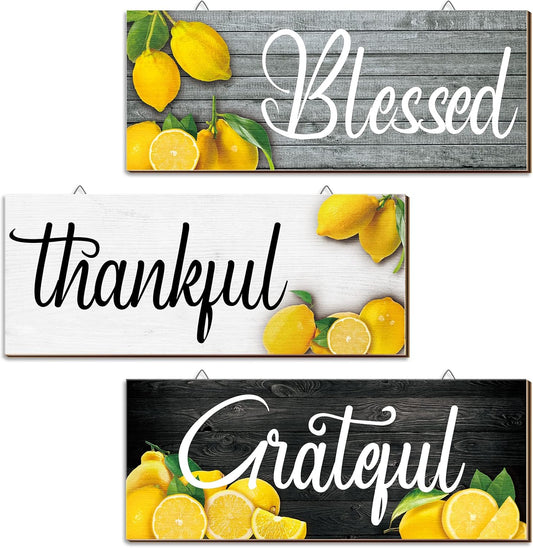 3 Pieces Lemon Wall Decor Grateful Thankful Blessed Art Signs Lemon Decorations for Home Wall decor for Front Door Farmhouse Wooden Signs for Kitchen(Multicolor)