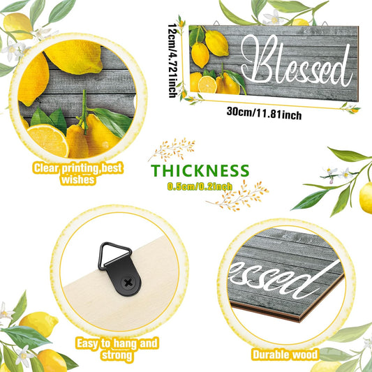 3 Pieces Lemon Wall Decor Grateful Thankful Blessed Art Signs Lemon Decorations for Home Wall decor for Front Door Farmhouse Wooden Signs for Kitchen(Multicolor)