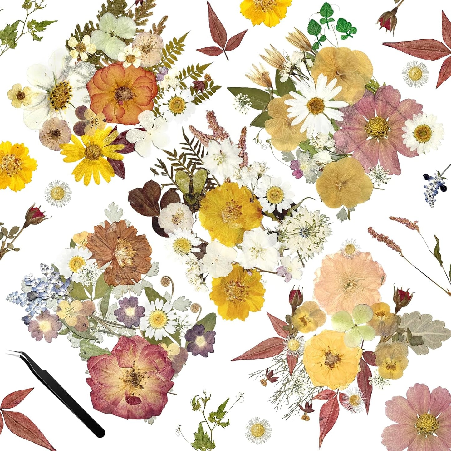 110Pcs Pressed Dried Flowers and Leaves for Resin | Assorted Real Natural Dry Flowers with Tweezers For DIY Crafts, Jewelry, Card Making, Soap,Candles, Nail Art, Scrapbooking