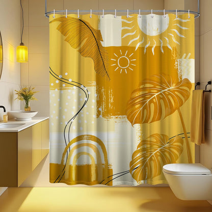 Mustard Yellow Shower Curtain Light Bohemian, 70x72 Inchs | Abstract Design, Mid Century Modern Pattern Theme, Boho Bathroom Decor Sets, Waterproof Cloth Fabric, with 12 Hooks