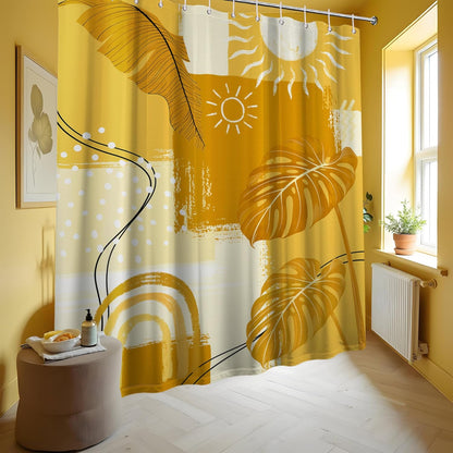 Mustard Yellow Shower Curtain Light Bohemian, 70x72 Inchs | Abstract Design, Mid Century Modern Pattern Theme, Boho Bathroom Decor Sets, Waterproof Cloth Fabric, with 12 Hooks