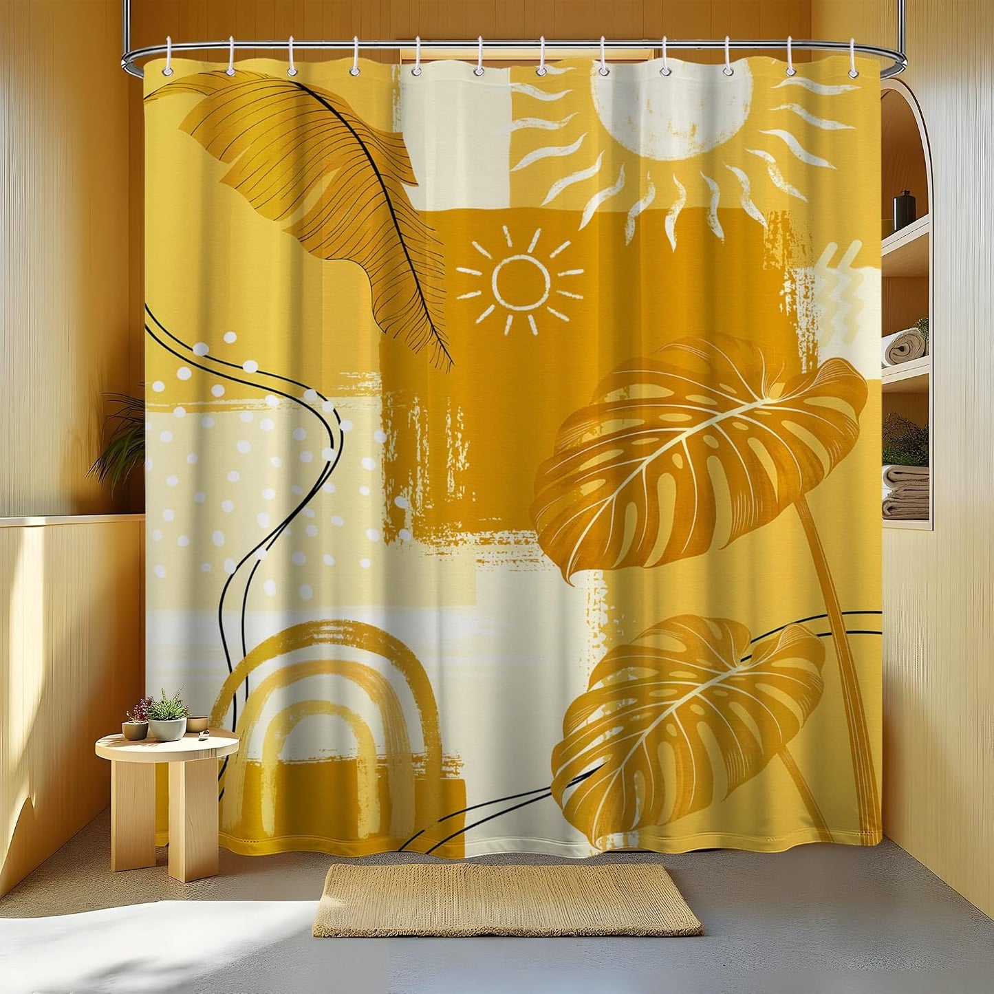 Mustard Yellow Shower Curtain Light Bohemian, 70x72 Inchs | Abstract Design, Mid Century Modern Pattern Theme, Boho Bathroom Decor Sets, Waterproof Cloth Fabric, with 12 Hooks