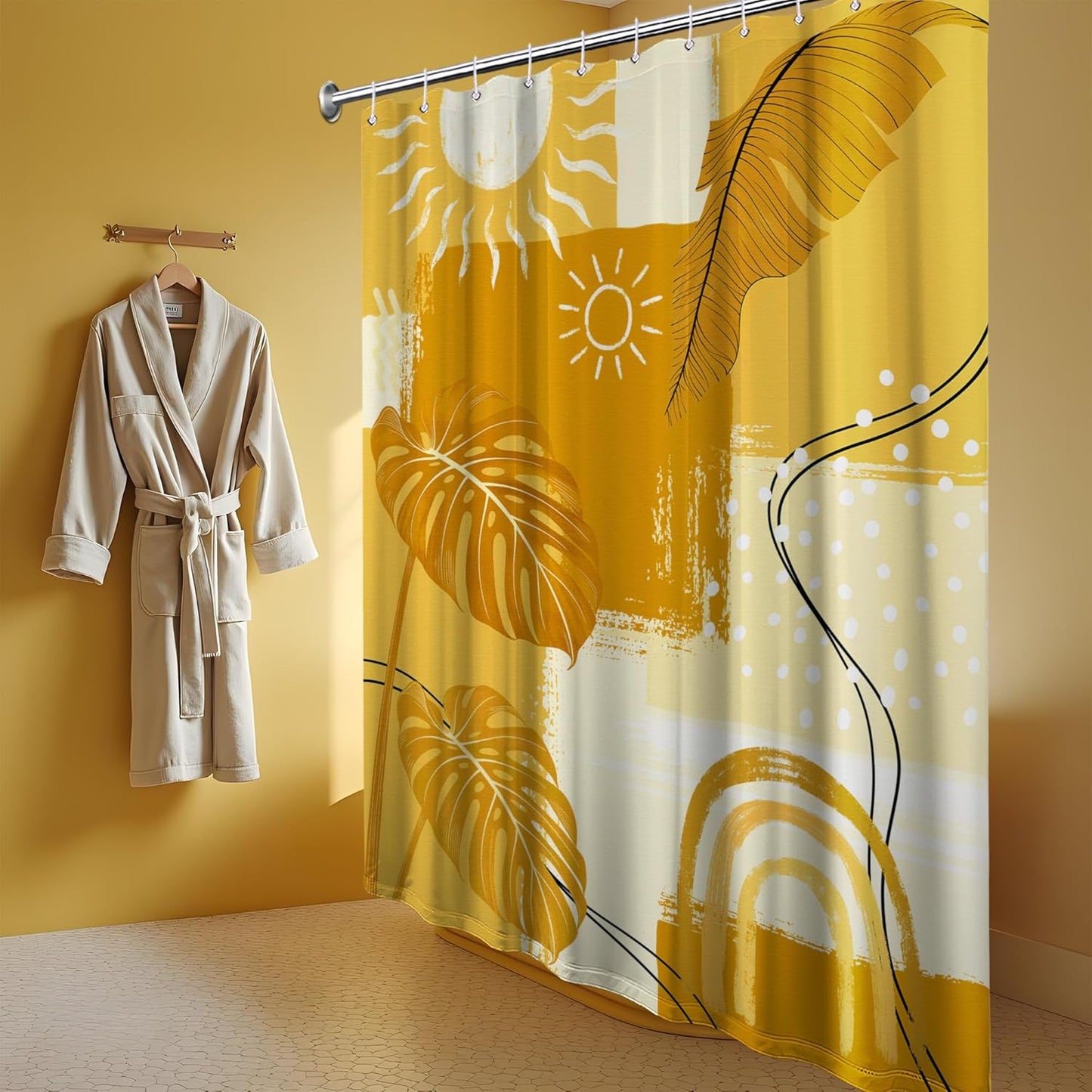 Mustard Yellow Shower Curtain Light Bohemian, 70x72 Inchs | Abstract Design, Mid Century Modern Pattern Theme, Boho Bathroom Decor Sets, Waterproof Cloth Fabric, with 12 Hooks