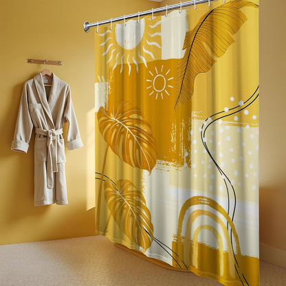 Mustard Yellow Shower Curtain Light Bohemian, 70x72 Inchs | Abstract Design, Mid Century Modern Pattern Theme, Boho Bathroom Decor Sets, Waterproof Cloth Fabric, with 12 Hooks