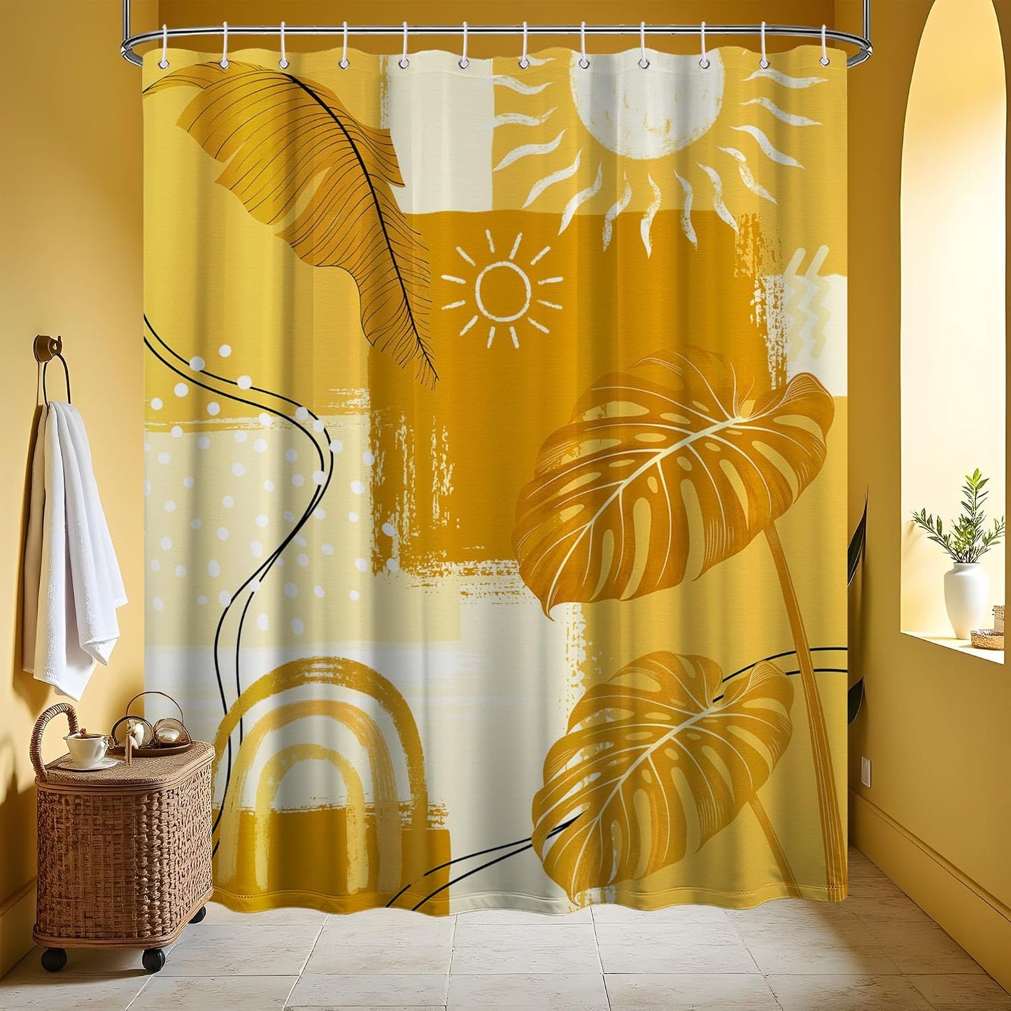 Mustard Yellow Shower Curtain Light Bohemian, 70x72 Inchs | Abstract Design, Mid Century Modern Pattern Theme, Boho Bathroom Decor Sets, Waterproof Cloth Fabric, with 12 Hooks