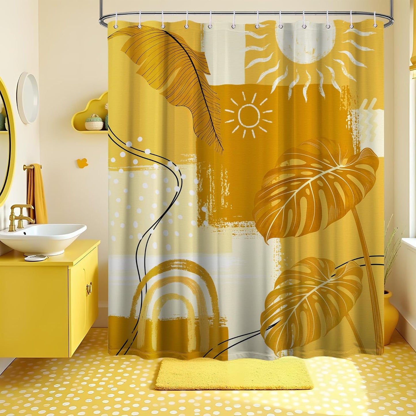 Mustard Yellow Shower Curtain Light Bohemian, 70x72 Inchs | Abstract Design, Mid Century Modern Pattern Theme, Boho Bathroom Decor Sets, Waterproof Cloth Fabric, with 12 Hooks