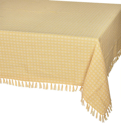 Table Cloth, Yellow/White Woven Fringed, 100% Cotton Table Cover, Size 60x84 Inch, Suitable for Formal Dining, Everyday Meals and Casual Occasions.
