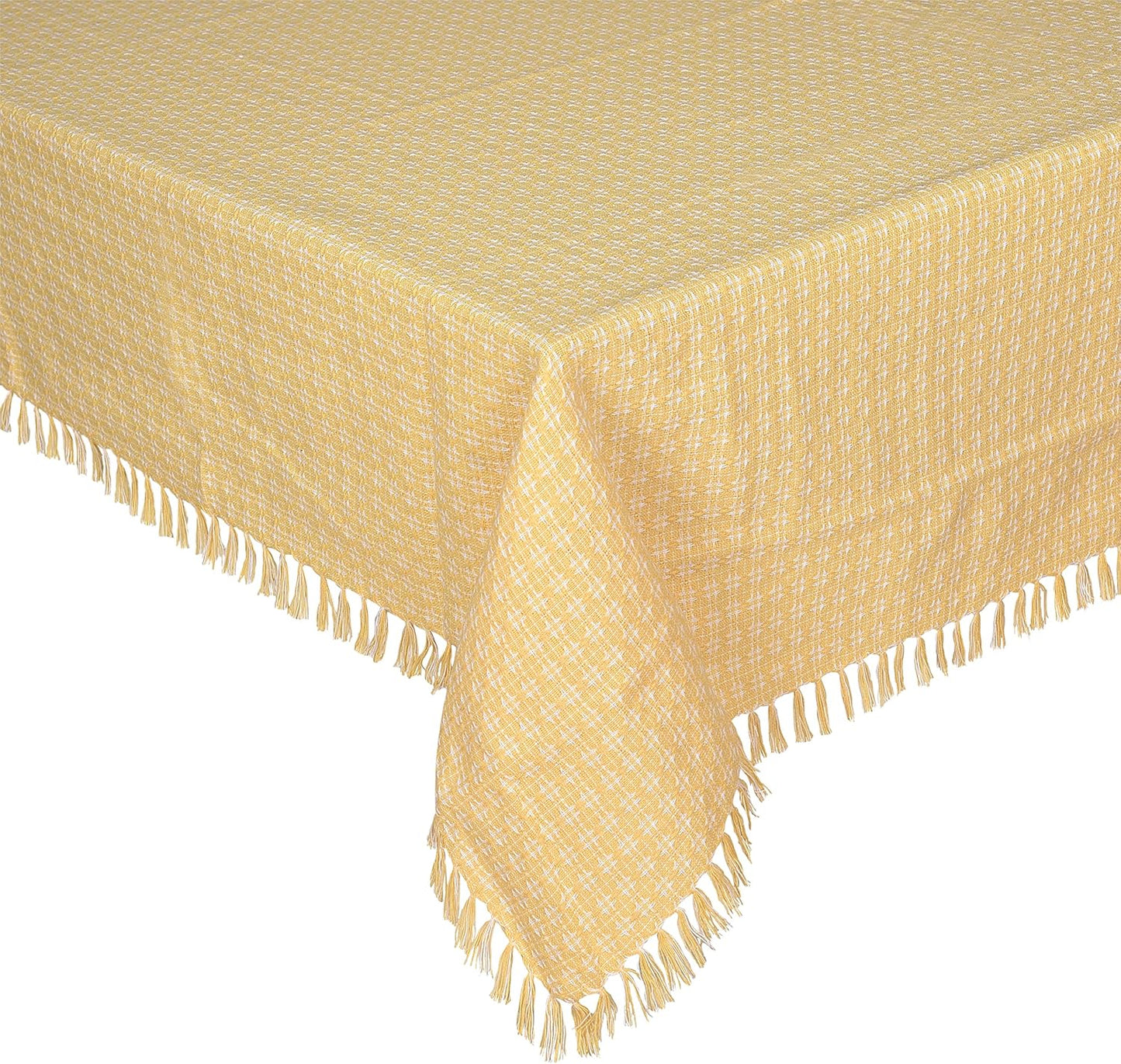 Table Cloth, Yellow/White Woven Fringed, 100% Cotton Table Cover, Size 60x84 Inch, Suitable for Formal Dining, Everyday Meals and Casual Occasions.