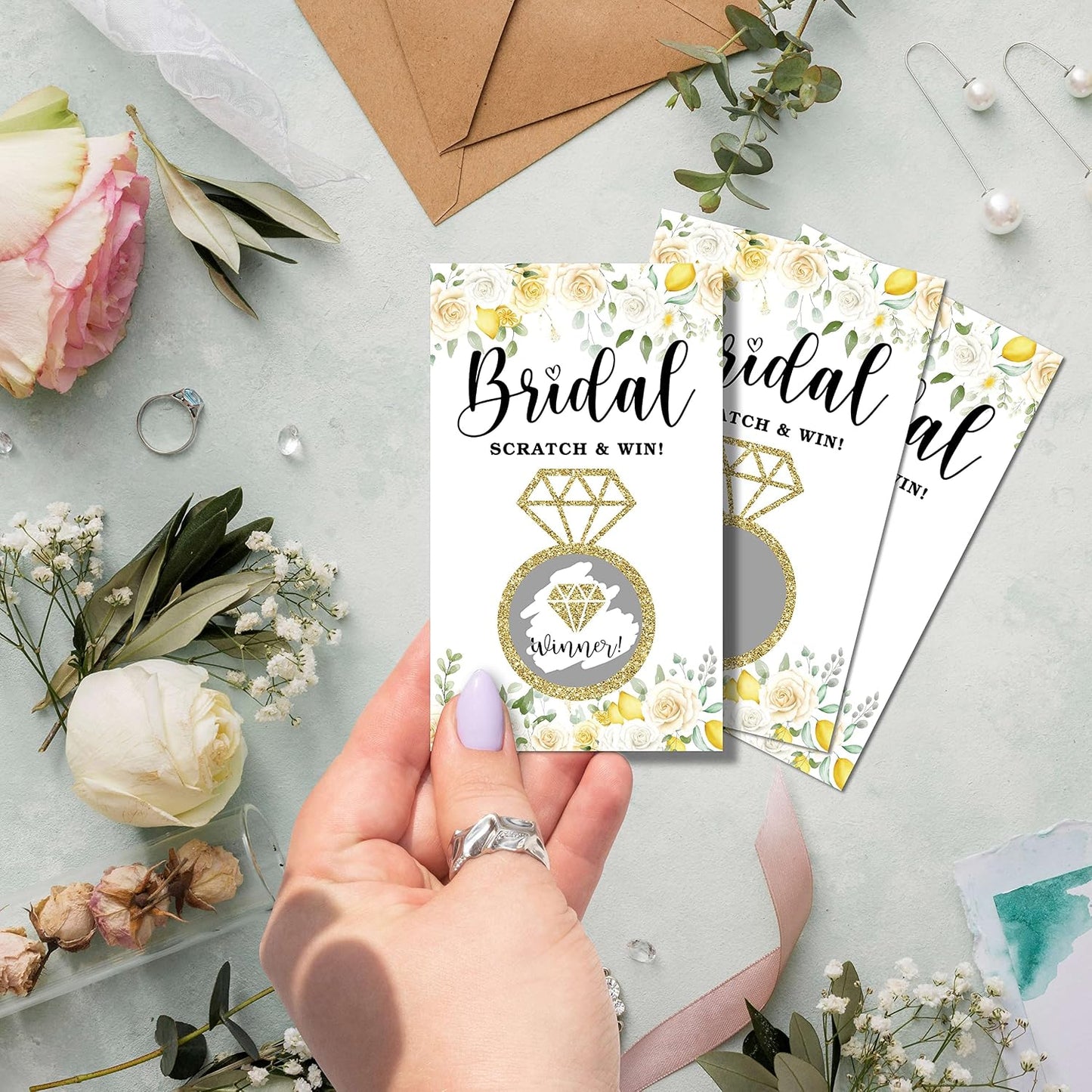 Bridal Shower Scratch off Game Cards, Yellow Floral Bridal Raffle Lottery Tickets, Scratch off Party Game for Wedding, Engagement/Bachelorette Party Favors Supplies Decorations (50 Pack)-19