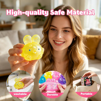 Stress Relief Glitter Bunny Squeeze Toy, Bunny Stress Ball- Anxiety Calming Sensory Fidget Toy, Soft Squishy Ball for ADHD Autism, Stresss Rabbit Squishy (Yellow)