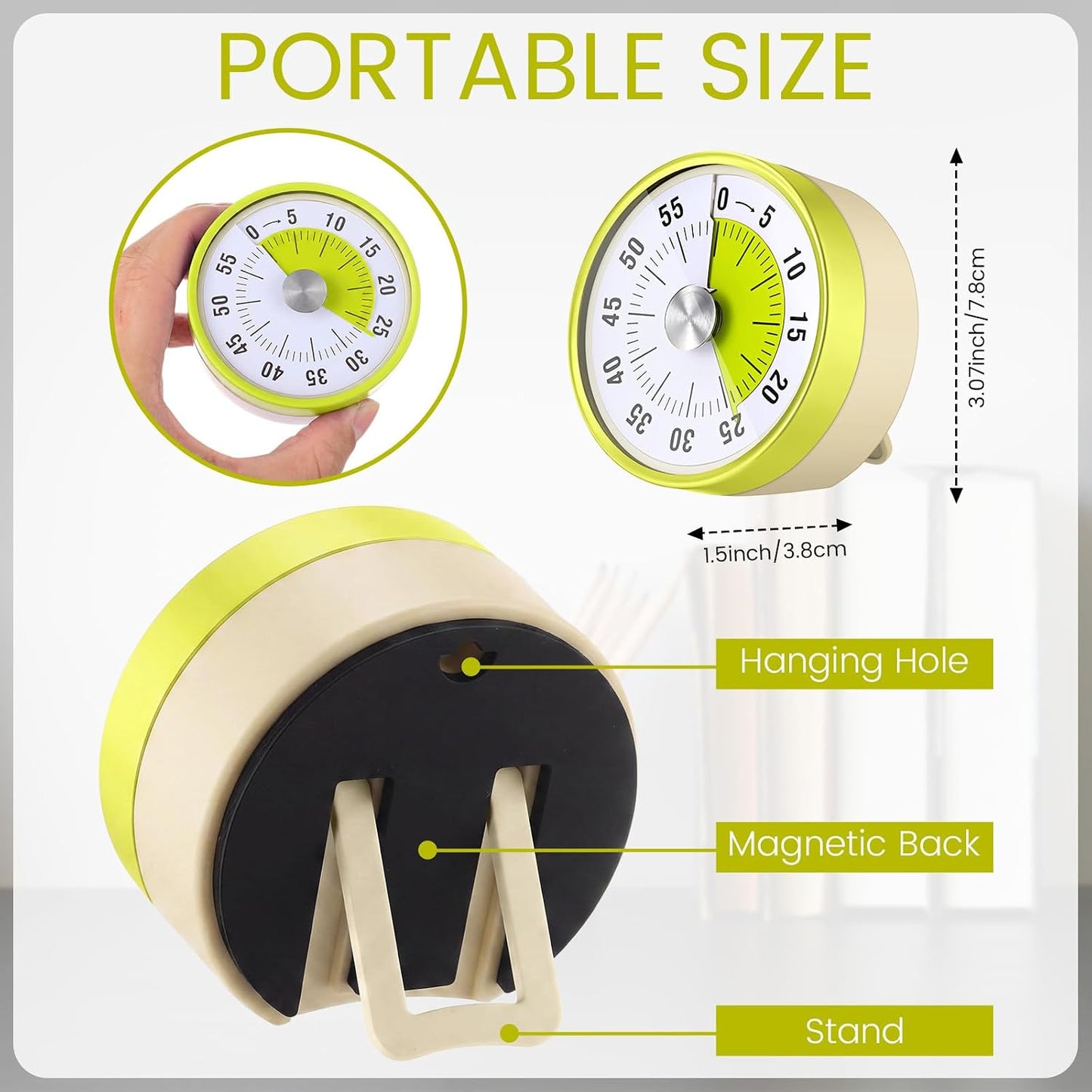 3 Pcs 60 Minute Visual Timers 3 Inch Mechanical Desk Countdown Timer with Magnetic Foldable Legs Hanging Hole Alarm Kitchen for Cooking Study Tool Meeting (Yellow)