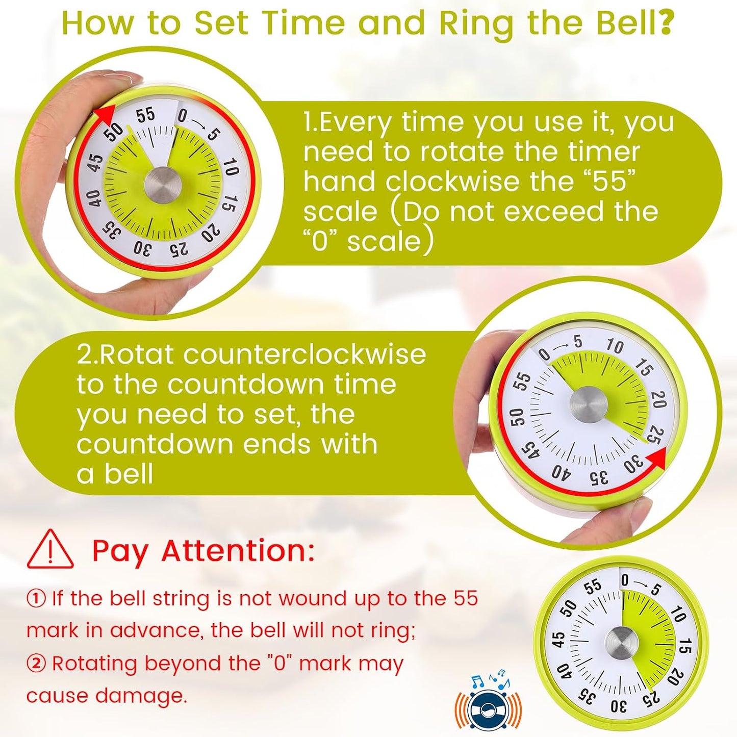 3 Pcs 60 Minute Visual Timers 3 Inch Mechanical Desk Countdown Timer with Magnetic Foldable Legs Hanging Hole Alarm Kitchen for Cooking Study Tool Meeting (Yellow)