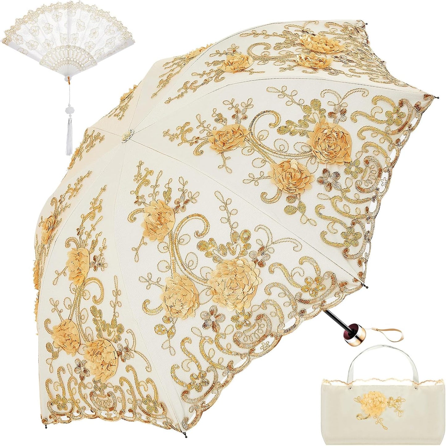 Floral Lace UV Sun Parasol with Lace Handheld Fan Vintage Flower Embroidery Umbrella Folding Fan Gothic Umbrella or Bridal Wedding Party Gift Show Cosplay Photo Props
