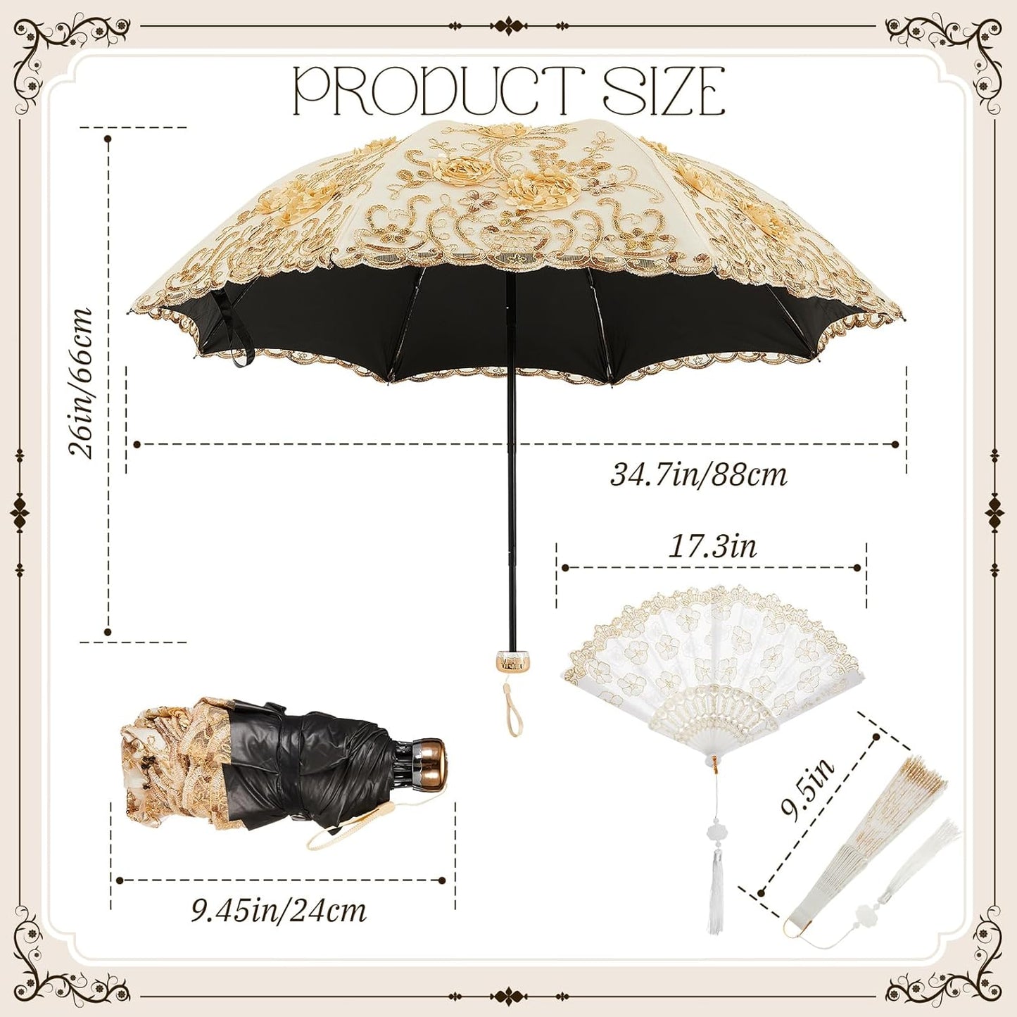Floral Lace UV Sun Parasol with Lace Handheld Fan Vintage Flower Embroidery Umbrella Folding Fan Gothic Umbrella or Bridal Wedding Party Gift Show Cosplay Photo Props