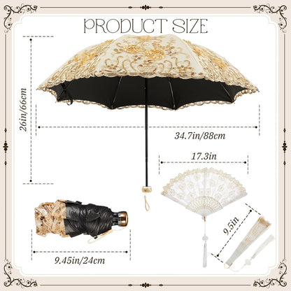Floral Lace UV Sun Parasol with Lace Handheld Fan Vintage Flower Embroidery Umbrella Folding Fan Gothic Umbrella or Bridal Wedding Party Gift Show Cosplay Photo Props