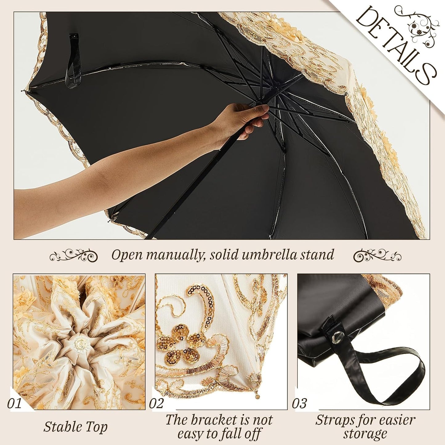 Floral Lace UV Sun Parasol with Lace Handheld Fan Vintage Flower Embroidery Umbrella Folding Fan Gothic Umbrella or Bridal Wedding Party Gift Show Cosplay Photo Props