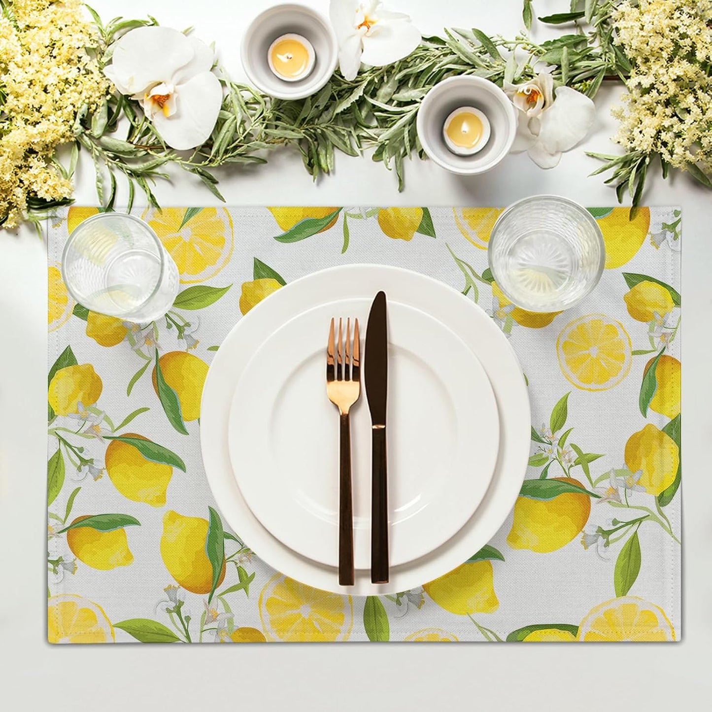 Lemon Placemats Set of 4 Spring Summer Cloth Place Mats Machine Washable Heat-Resistant Table Mats for Kitchen Home Decor Dining Table