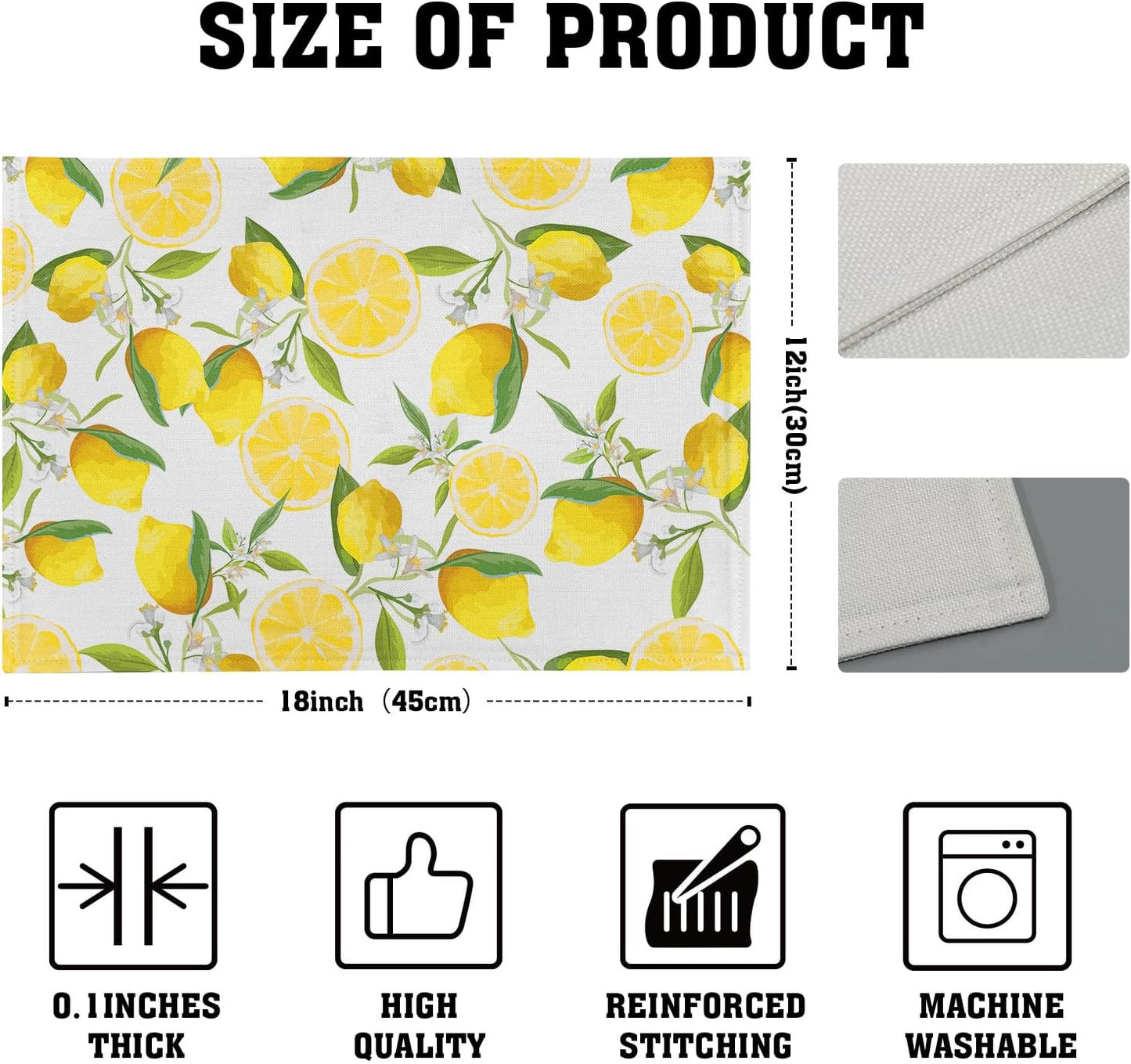 Lemon Placemats Set of 4 Spring Summer Cloth Place Mats Machine Washable Heat-Resistant Table Mats for Kitchen Home Decor Dining Table