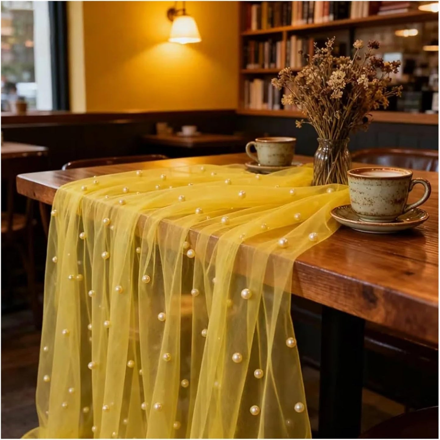 Bridal Shower 0.75* Table Flag Pearl Tulle Gauze Mesh Table Runner Sheer Drapes Wedding Festival Party(Yellow)