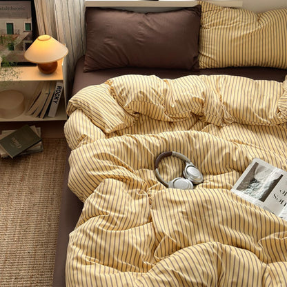Striped Comforter Set Full Size Brown Stripes Yellow Comforter Bedding Set Retro Vertical Ticking Striped Full Bed in a Bag Soft Lightweight Comforter Set with 2 Pillowcases