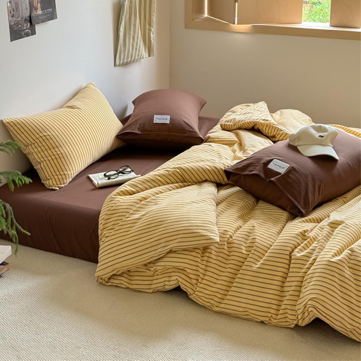 Striped Comforter Set Full Size Brown Stripes Yellow Comforter Bedding Set Retro Vertical Ticking Striped Full Bed in a Bag Soft Lightweight Comforter Set with 2 Pillowcases