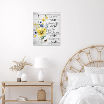 Farmhouse Yellow Floral Wall Art for Living Room, Country Wildflower and Leaf on Rustic Wood Canvas Wall Art Nature Botanical Flower Pictures for Bedroom Bathroom Wall Decor,16L X 12W inches