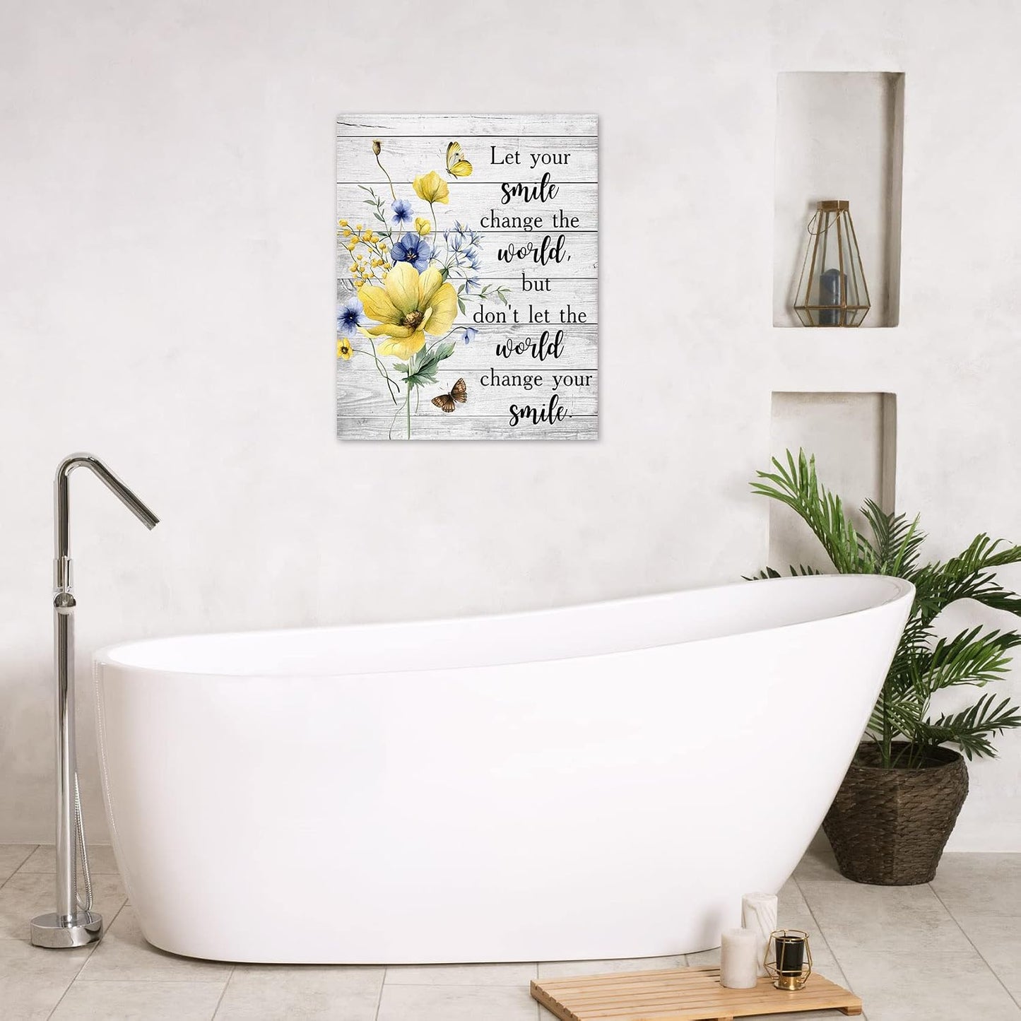 Farmhouse Yellow Floral Wall Art for Living Room, Country Wildflower and Leaf on Rustic Wood Canvas Wall Art Nature Botanical Flower Pictures for Bedroom Bathroom Wall Decor,16L X 12W inches