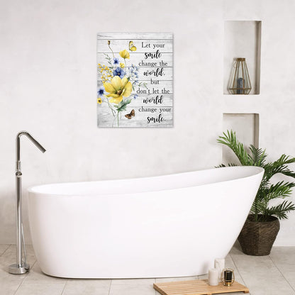 Farmhouse Yellow Floral Wall Art for Living Room, Country Wildflower and Leaf on Rustic Wood Canvas Wall Art Nature Botanical Flower Pictures for Bedroom Bathroom Wall Decor,16L X 12W inches