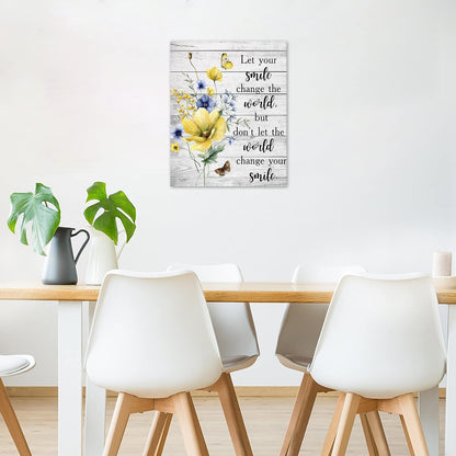 Farmhouse Yellow Floral Wall Art for Living Room, Country Wildflower and Leaf on Rustic Wood Canvas Wall Art Nature Botanical Flower Pictures for Bedroom Bathroom Wall Decor,16L X 12W inches