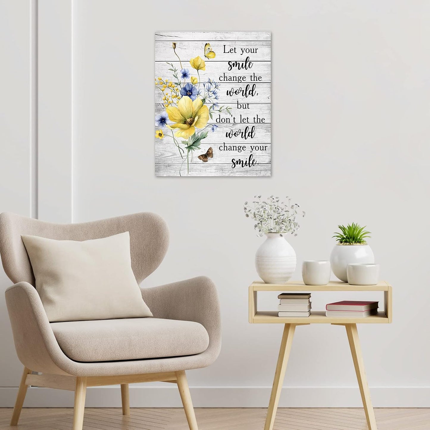 Farmhouse Yellow Floral Wall Art for Living Room, Country Wildflower and Leaf on Rustic Wood Canvas Wall Art Nature Botanical Flower Pictures for Bedroom Bathroom Wall Decor,16L X 12W inches