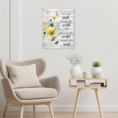 Farmhouse Yellow Floral Wall Art for Living Room, Country Wildflower and Leaf on Rustic Wood Canvas Wall Art Nature Botanical Flower Pictures for Bedroom Bathroom Wall Decor,16L X 12W inches