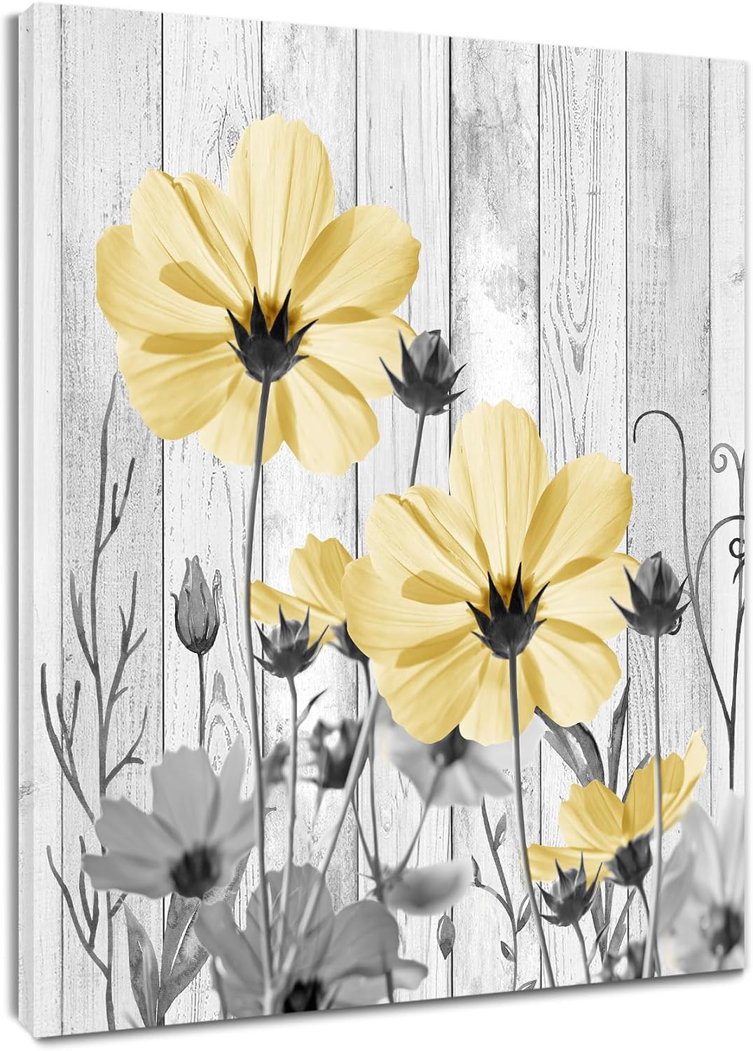 Farmhouse Yellow Floral Wall Art for Living Room, Country Wildflower and Leaf on Rustic Wood Canvas Wall Art Nature Botanical Flower Pictures for Bedroom Bathroom Wall Decor,16L X 12W inches