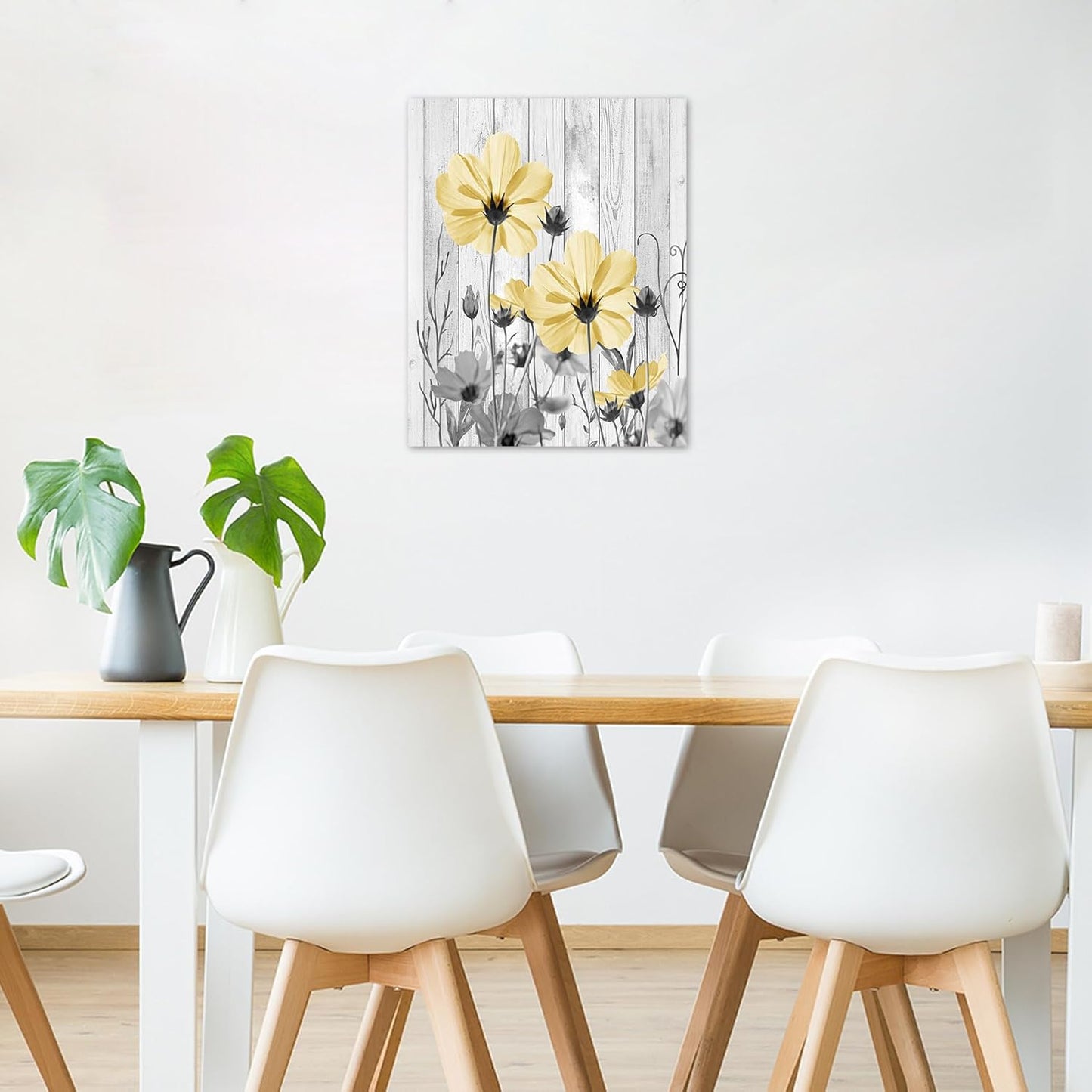 Farmhouse Yellow Floral Wall Art for Living Room, Country Wildflower and Leaf on Rustic Wood Canvas Wall Art Nature Botanical Flower Pictures for Bedroom Bathroom Wall Decor,16L X 12W inches