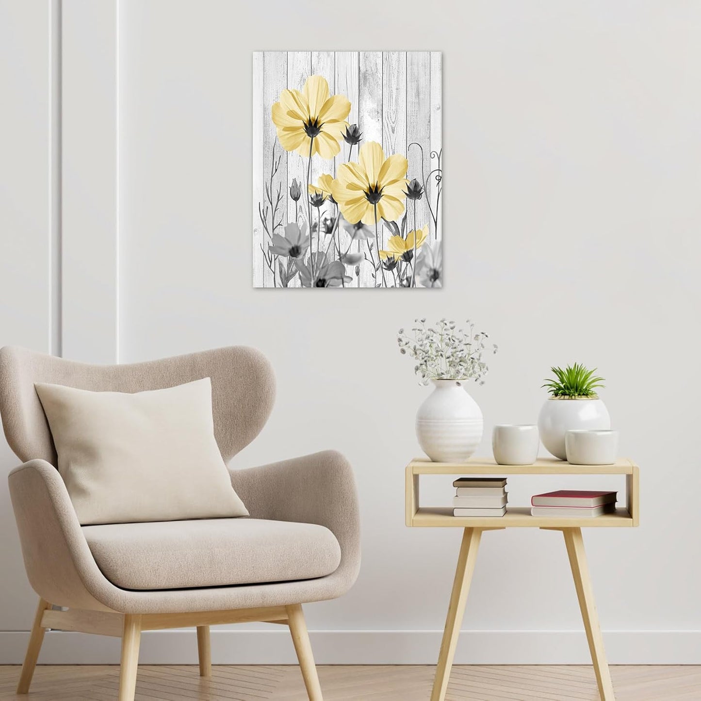 Farmhouse Yellow Floral Wall Art for Living Room, Country Wildflower and Leaf on Rustic Wood Canvas Wall Art Nature Botanical Flower Pictures for Bedroom Bathroom Wall Decor,16L X 12W inches