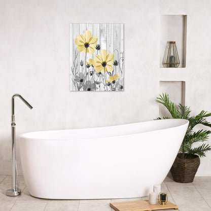 Farmhouse Yellow Floral Wall Art for Living Room, Country Wildflower and Leaf on Rustic Wood Canvas Wall Art Nature Botanical Flower Pictures for Bedroom Bathroom Wall Decor,16L X 12W inches
