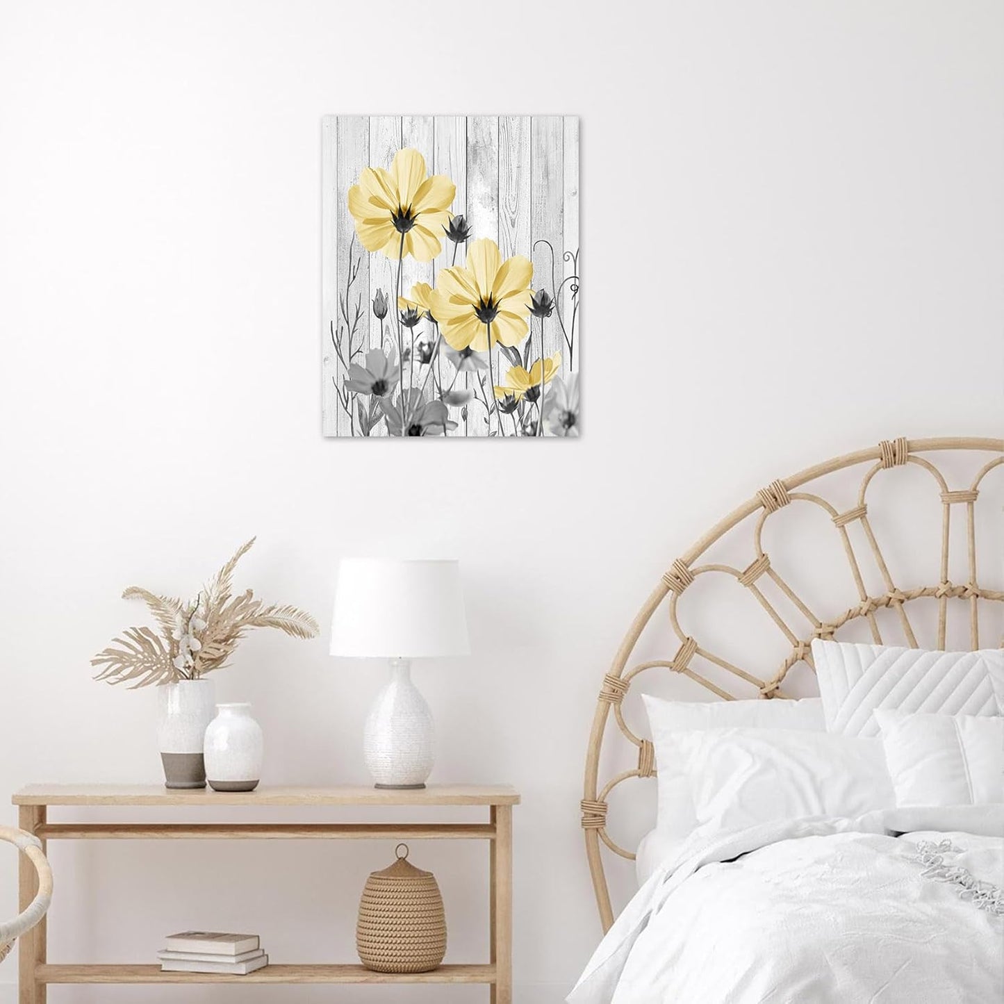 Farmhouse Yellow Floral Wall Art for Living Room, Country Wildflower and Leaf on Rustic Wood Canvas Wall Art Nature Botanical Flower Pictures for Bedroom Bathroom Wall Decor,16L X 12W inches