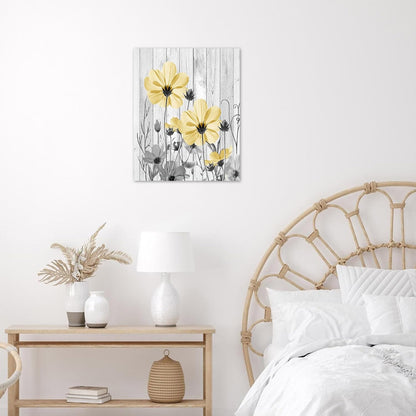 Farmhouse Yellow Floral Wall Art for Living Room, Country Wildflower and Leaf on Rustic Wood Canvas Wall Art Nature Botanical Flower Pictures for Bedroom Bathroom Wall Decor,16L X 12W inches