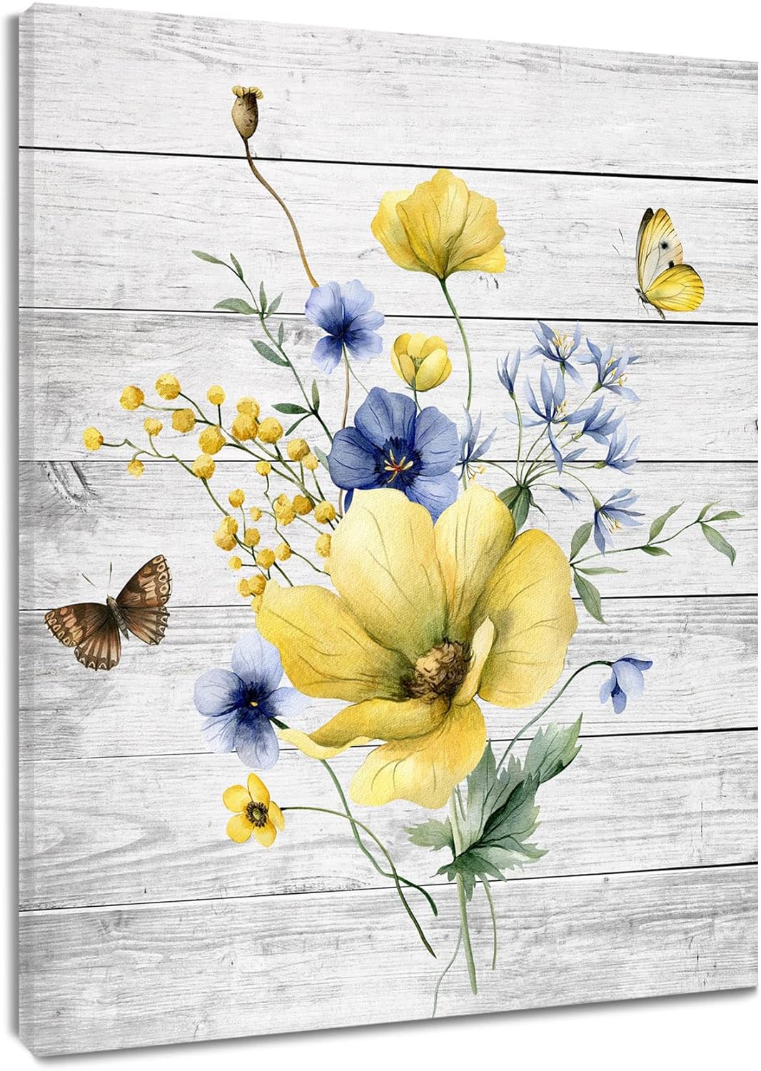 Farmhouse Yellow Floral Wall Art for Living Room, Country Wildflower and Leaf on Rustic Wood Canvas Wall Art Nature Botanical Flower Pictures for Bedroom Bathroom Wall Decor,16L X 12W inches