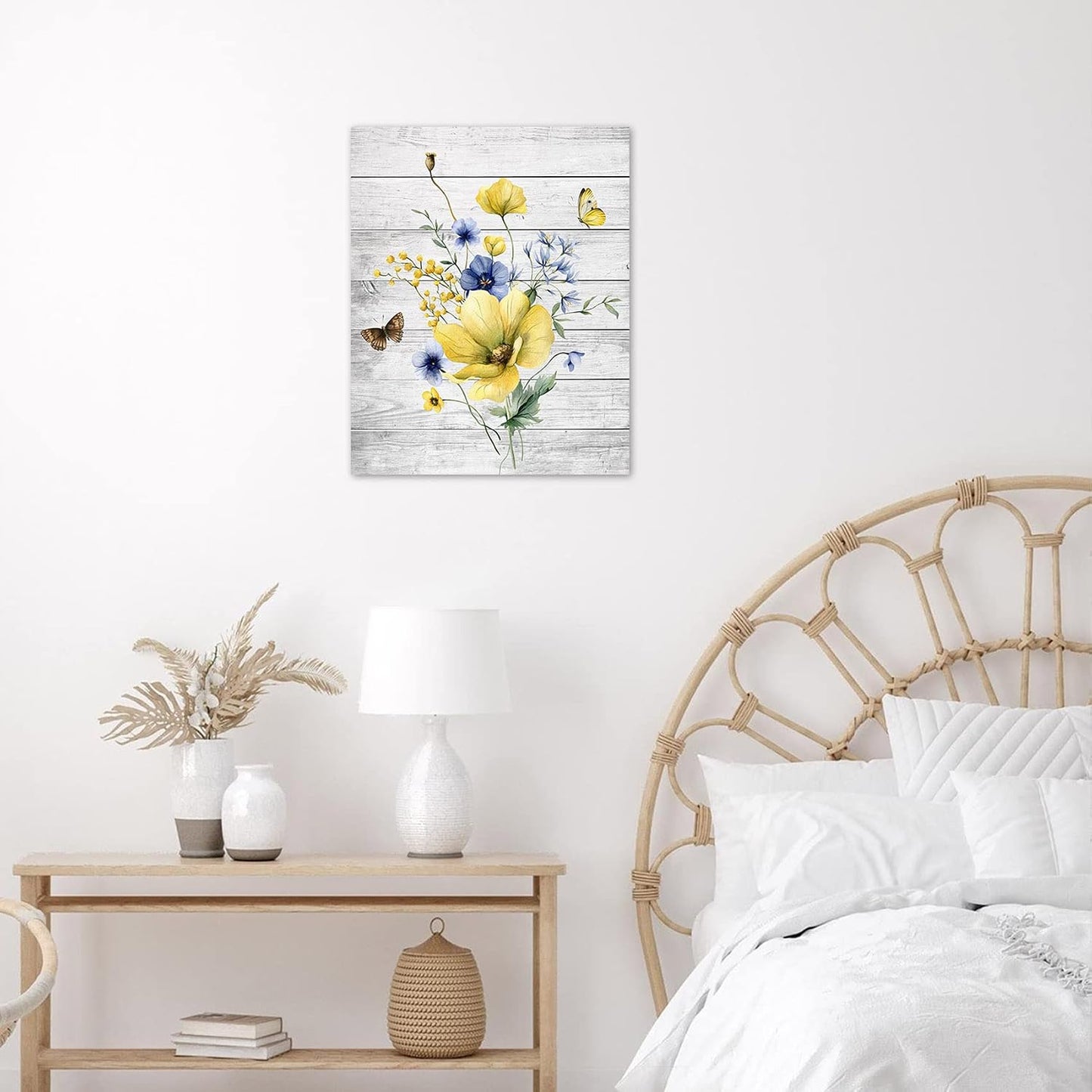 Farmhouse Yellow Floral Wall Art for Living Room, Country Wildflower and Leaf on Rustic Wood Canvas Wall Art Nature Botanical Flower Pictures for Bedroom Bathroom Wall Decor,16L X 12W inches