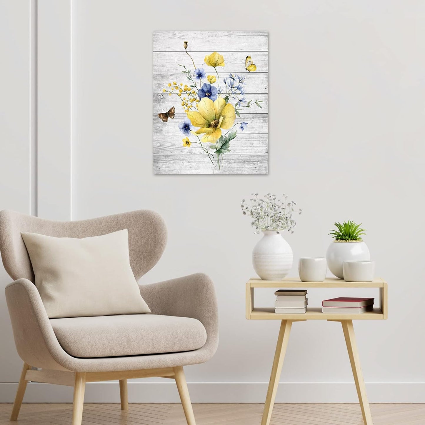 Farmhouse Yellow Floral Wall Art for Living Room, Country Wildflower and Leaf on Rustic Wood Canvas Wall Art Nature Botanical Flower Pictures for Bedroom Bathroom Wall Decor,16L X 12W inches