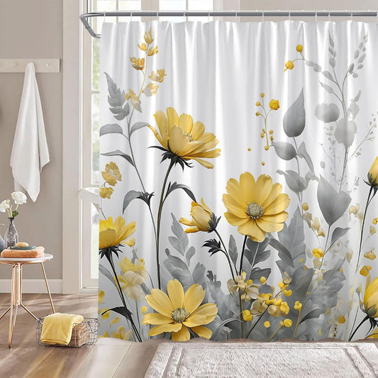 Yellow Flower Shower Curtain Rustic Farmhouse Watercolor Yellow Floral Gray Leaves Modern Romantic Nature Plant Vintage 70"" Wx70 H Bathroom Decor Curtain with Hooks