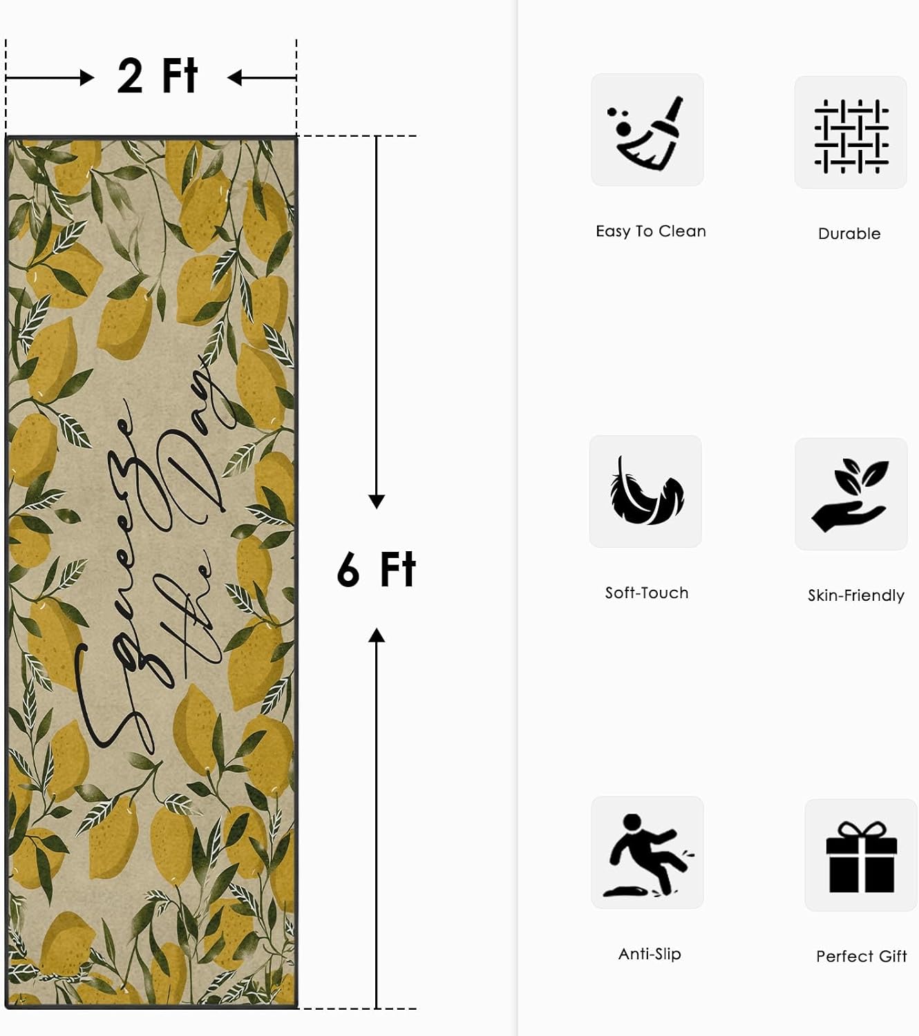 Runner Rug, Washable and Non-Slip 2'x6' Tropical Yellow Lemons Fruit Summer Hallway Kitchen Area Rug, Indoor Entryway Door Mat, Floor Mat Carpet for Bedroom, Bathroom, Laundry, Living Room