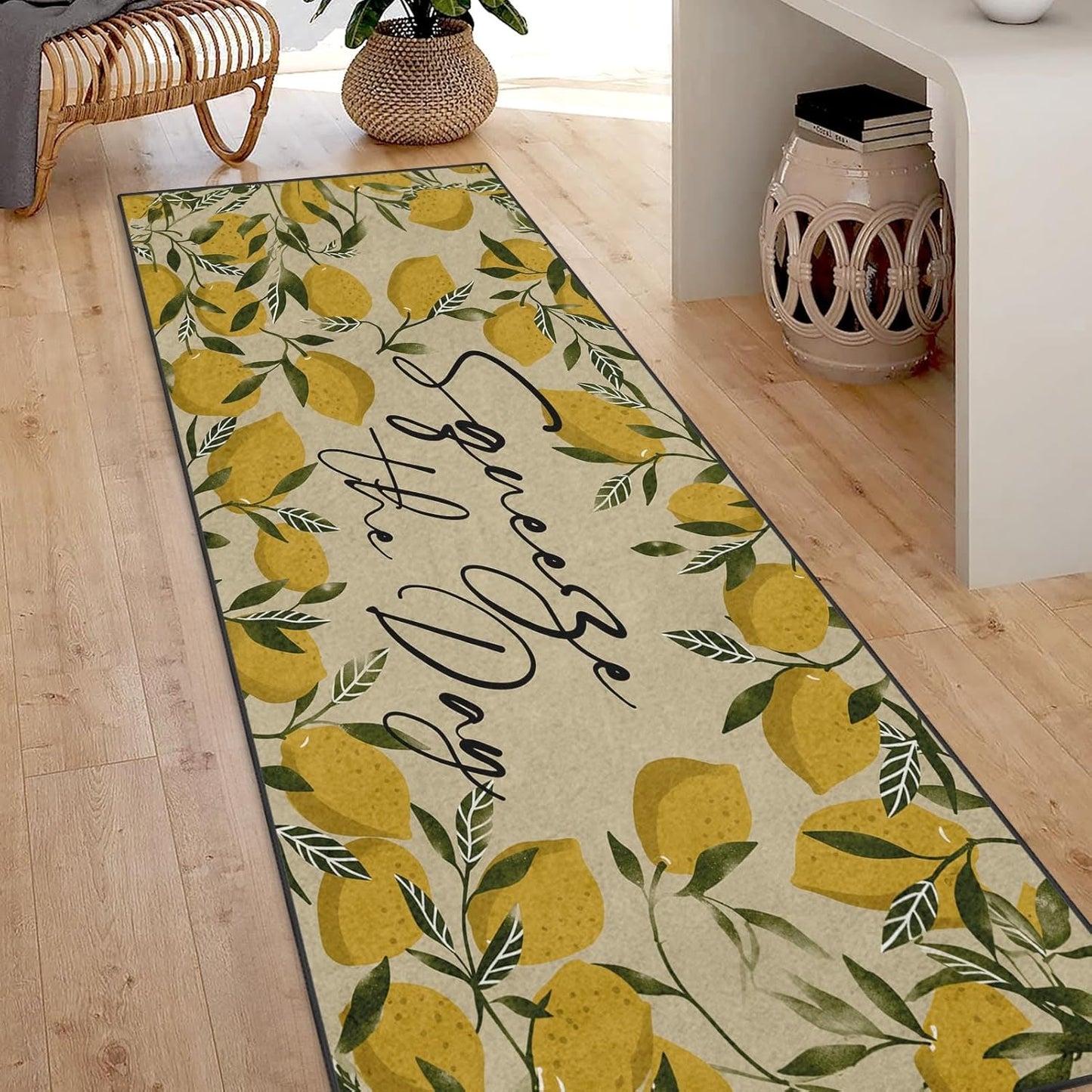 Runner Rug, Washable and Non-Slip 2'x6' Tropical Yellow Lemons Fruit Summer Hallway Kitchen Area Rug, Indoor Entryway Door Mat, Floor Mat Carpet for Bedroom, Bathroom, Laundry, Living Room